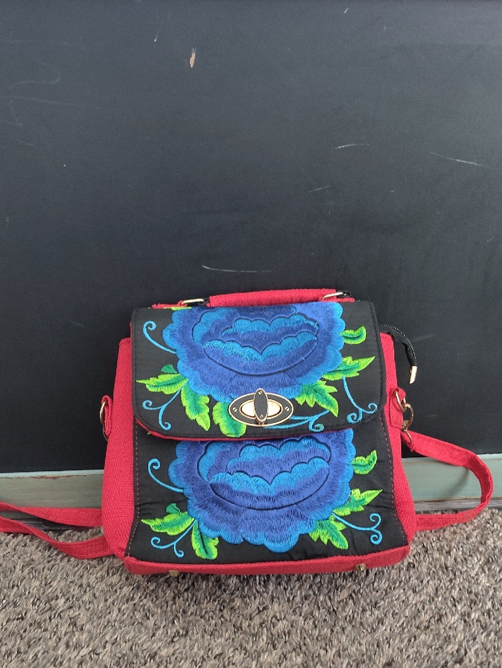 Embroidered Floral Crossbody Bag in Red and Blue